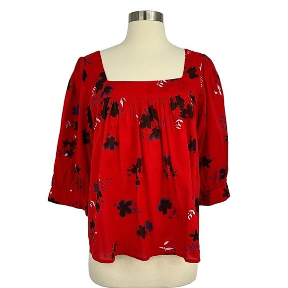 Apiece Apart Tops - Apiece Apart Size S Zinnia Top Red Floral Blouse Square Neck 3/4 Sleeve Swing